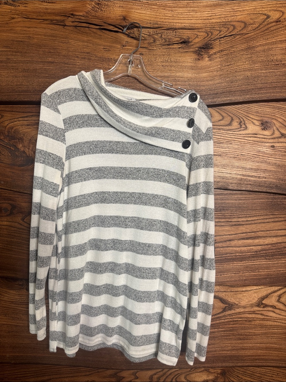 white birch Gray & White Striped Button-Shoulder Cowl Sweater